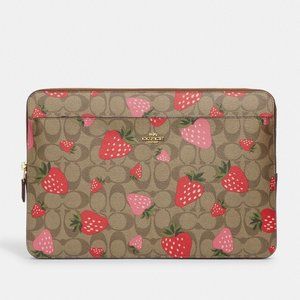 Coach Laptop Sleeve In Signature Canvas With Wild Strawberry Print - CH833